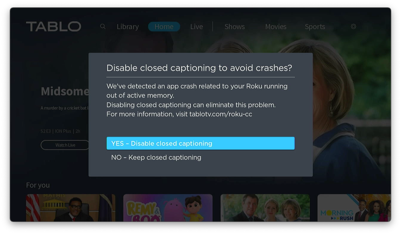 Disabling Closed Captioning on Roku to Avoid Crashes on Live TV
